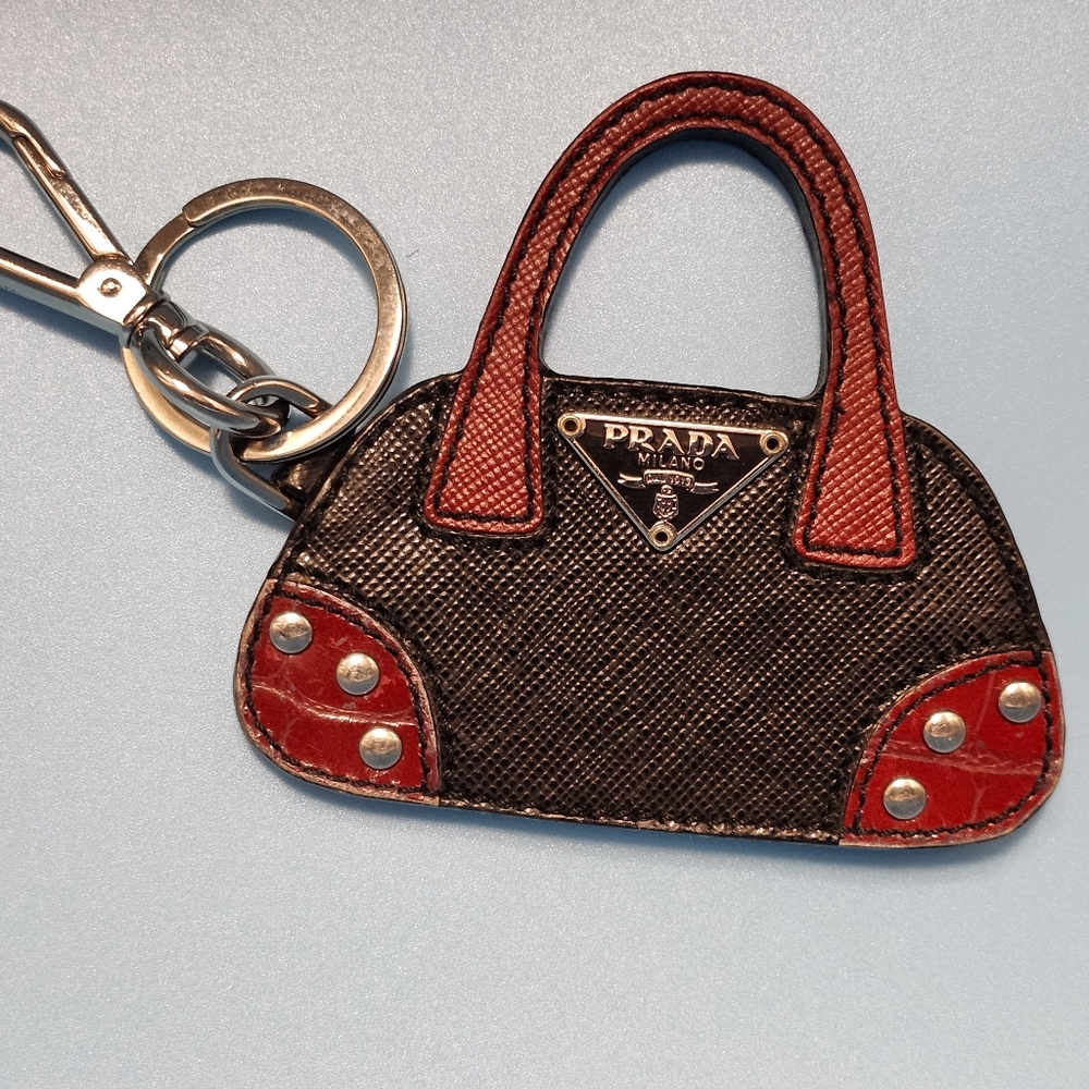 Prada HandBag Charm, Key Ring, Purse Fob. Leather & Silver, Never Used
